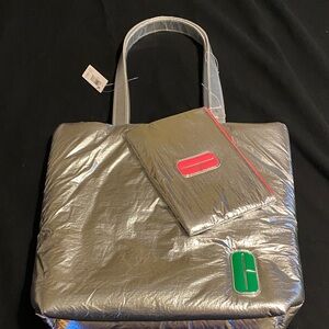 NWT Clinique metallic silver tote set